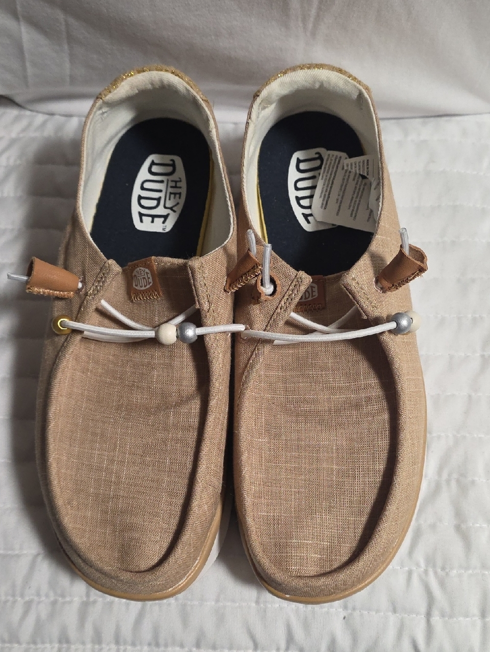 Hey Dude Woman's Tan Canvas Slip-Ons with Gold Glitter